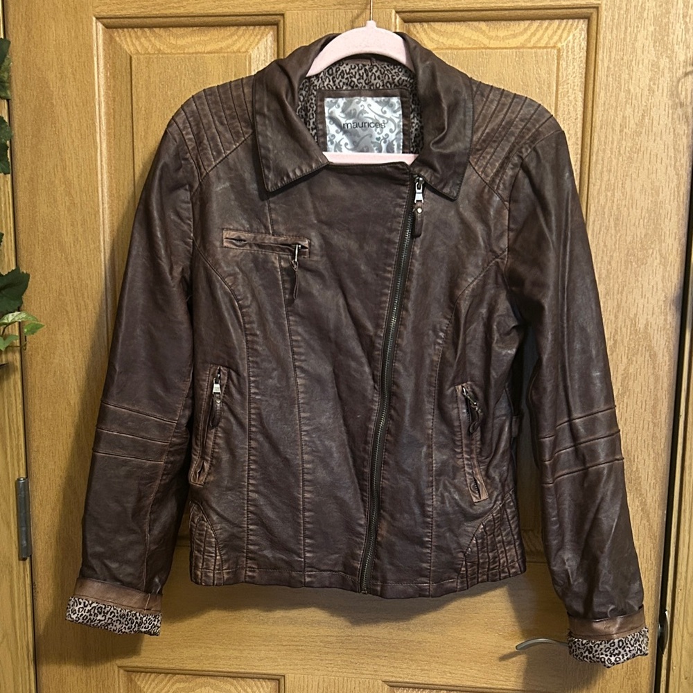 Maurices Brown Faux Leather Moto Jacket, Women’s L, Leopard Print Liner.